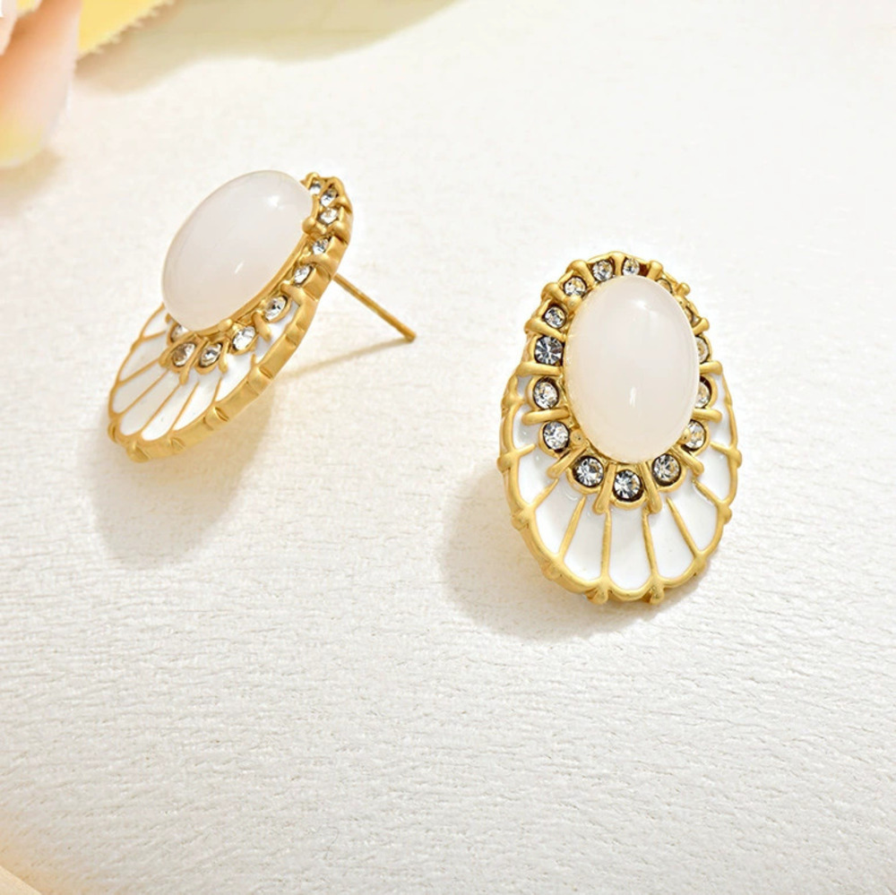vintage Diamond Enamel Vintage Oval Glass Earrings